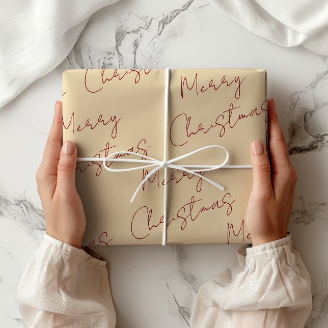 Papel De Presente Creme e Feliz Natal (Cream and Red Merry Christmas Wrapping Paper)