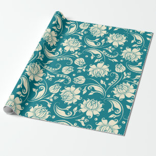 Papel De Presente Creme leve e Damascos Florais Verde-Teal
