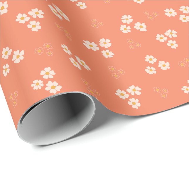 Papel De Presente Creme Retro e Flor de Daisagem Dourada (Ponta do rolo)