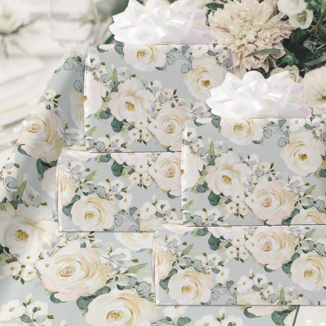 Papel De Presente Cremy Peony e Silver Sage Eucalyptus Greenery (Criador carregado)
