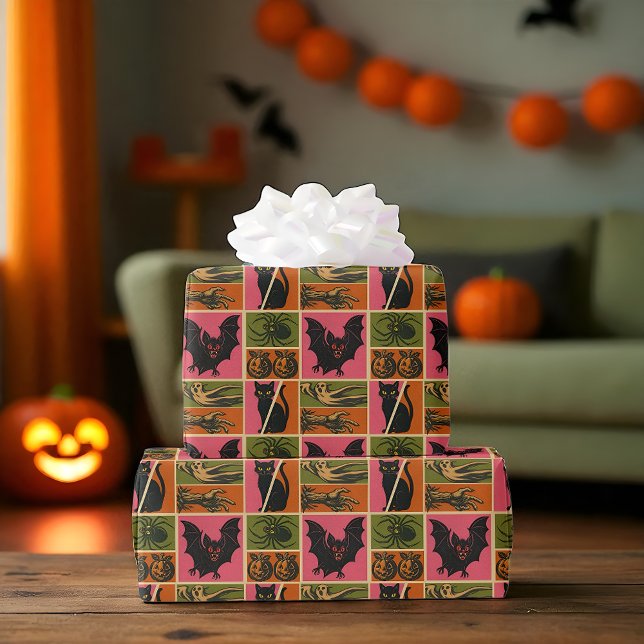 Papel De Presente Crepes da Retrora (Retro Halloween gift wrap with bats, cats, pumpkins, and spooky icons.)