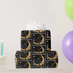 Papel De Presente Crescente Lua Floral Gato Preto Branco Halloween