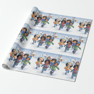 Papel De Presente Crianças afro-americanas jogando neve