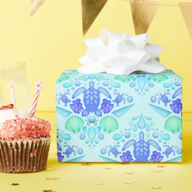 Papel De Presente Crianças Cachorosas Tartaruga do Mar Azul Tropical (Festa de aniversário)