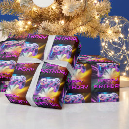 Papel De Presente Crianças de festas de videogames cor-de-rosa com c