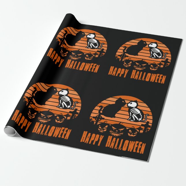 Papel De Presente Crianças Feliz Halloween Skeleton Cat Retro Sunset (Desenrolado)