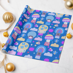 Papel De Presente Crianças Felizes Aniversário Azul Rosa com Animais