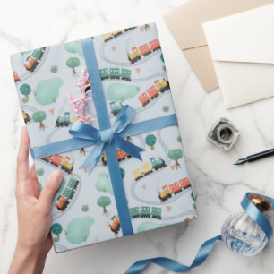 Papel De Presente Crianças Fresco Azul Comboio Viagem Padrão Boas An