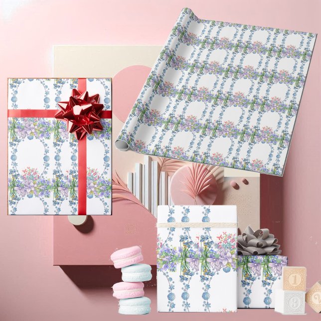 Papel De Presente Crianças Pobre Sangue Azul Pastel Oval Aniversário (Kids Soft Pastel Blue Blooms Oval Floral Birthday Wrapping Paper)