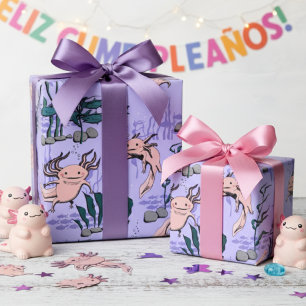 Papel De Presente Crianças Roxo e Verde Desenho Axolotl Submarino