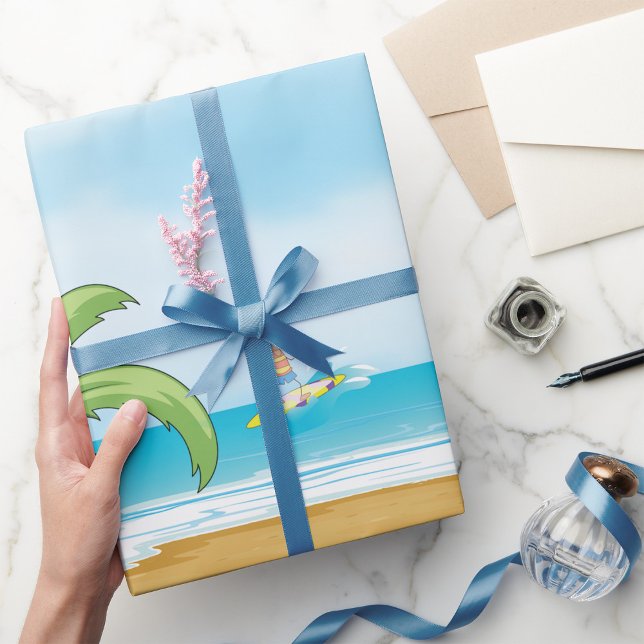 Papel De Presente Crianças surfando no Oceano de Verão Tropical Beac (Criador carregado)