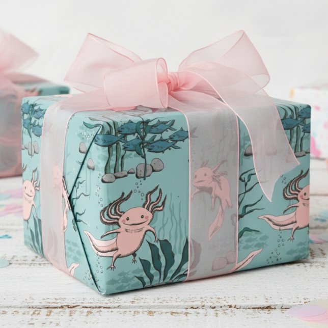 Papel De Presente Crianças Verde e Rosa Esbranquiçada Desenho Axolot (Cute Amphibian Axolotl Wrapping Paper for Kids Birthday Party. Pink Mexican Walking Fish Salamander)