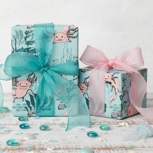 Papel De Presente Crianças Verde e Rosa Esbranquiçada Desenho Axolot