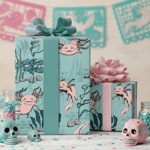 Papel De Presente Crianças Verde e Rosa Esbranquiçada Desenho Axolot