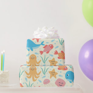Papel De Presente Criaturas Divertidas do Mar Oceano Padrão 