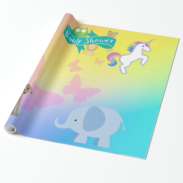 Papel De Presente Criaturas e Borboletas Chá de Bebê Amarelo Azul  (Desenrolado)