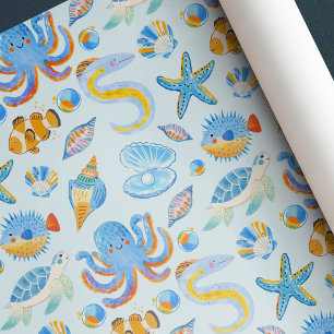 Papel De Presente Criaturas Marinhas Pérola Azul Festa de Aniversári