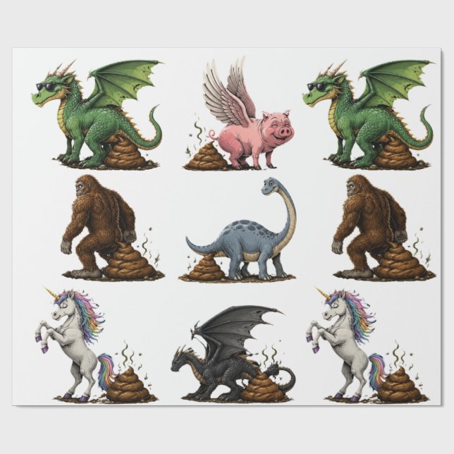 Papel De Presente Criaturas Mitológicas Engraçadas Defecando (Aberto)