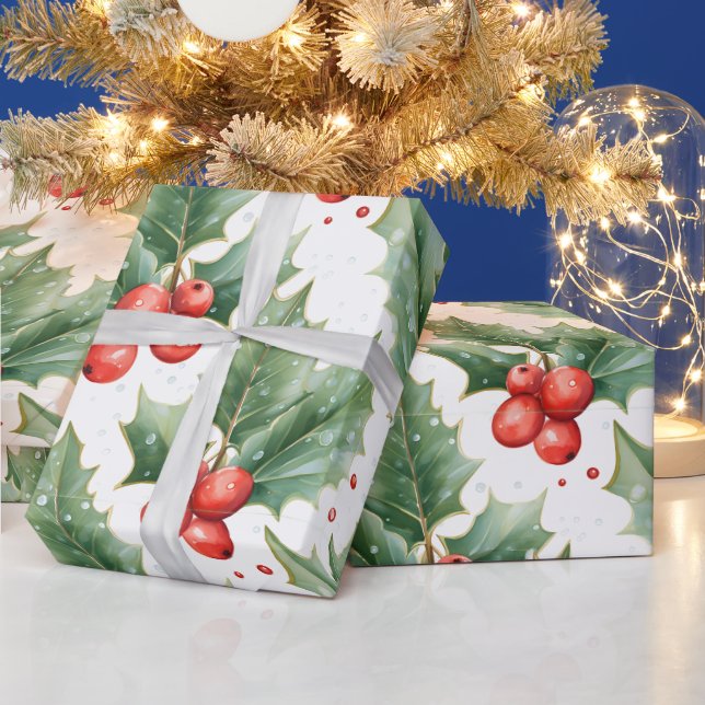 Papel De Presente Crie seu próprio branco vermelho Holly (Feriados)