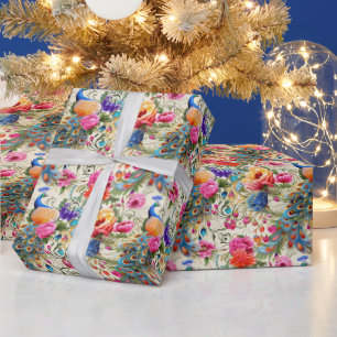 Papel De Presente Crie Seu Próprio Peacock Floral Romântico