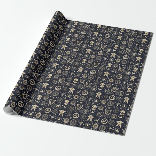 Papel De Presente Crie Seus Próprios Símbolos Mágicos Dourados Preto (Desenrolado)