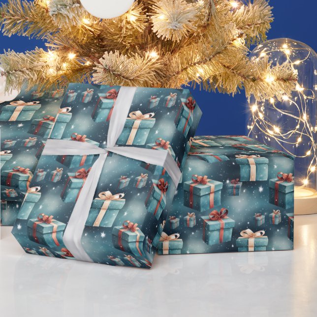 Papel De Presente Crie suas próprias caixas e estrelas de Natal azui (Feriados)