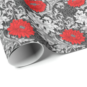 Papel De Presente Crisântemos, cinzas e vermelho de William Morris