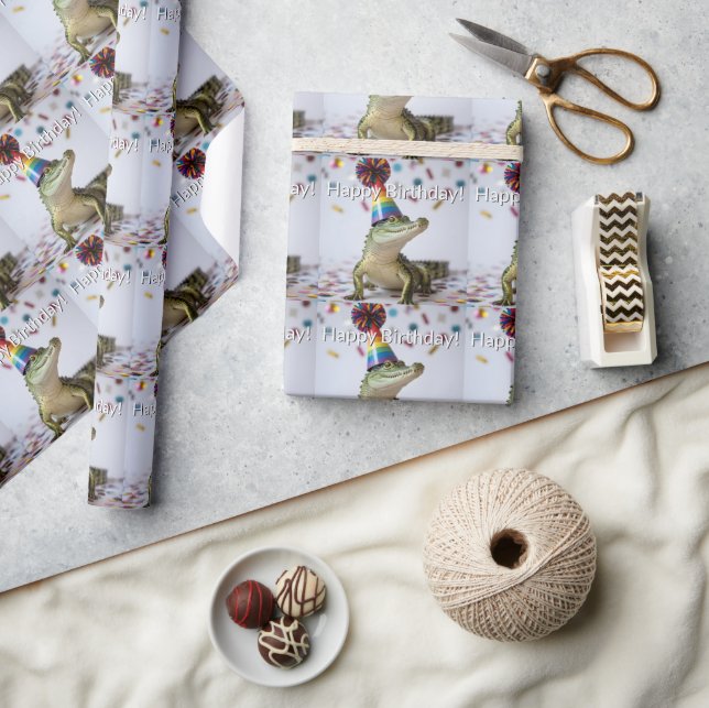 Papel De Presente Crocodilo Usando um Chapéu de Aniversário com List (Artesanato)