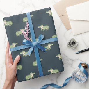 Papel De Presente Crocodilos em Aquarela em Azul-Cinza Escuro
