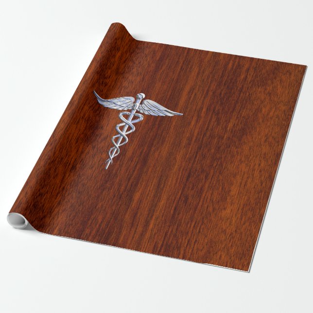 Papel De Presente Cromo Como Símbolo Médico Caduceu Marrom Mogno (Desenrolado)