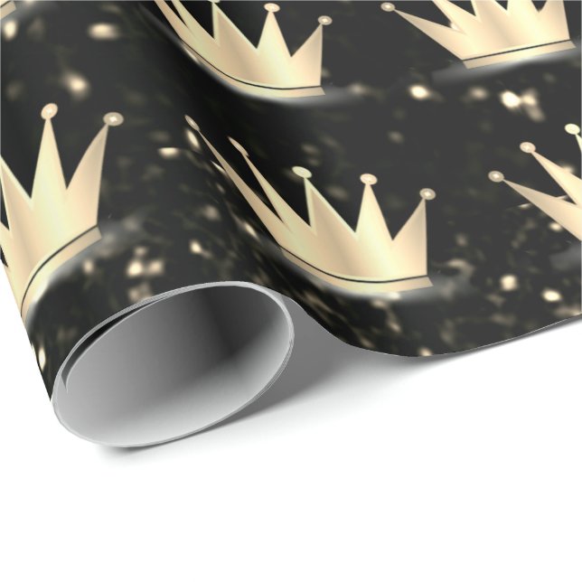 Papel De Presente Crowns Glitter Black Sparkly Dourada Champaigne (Ponta do rolo)
