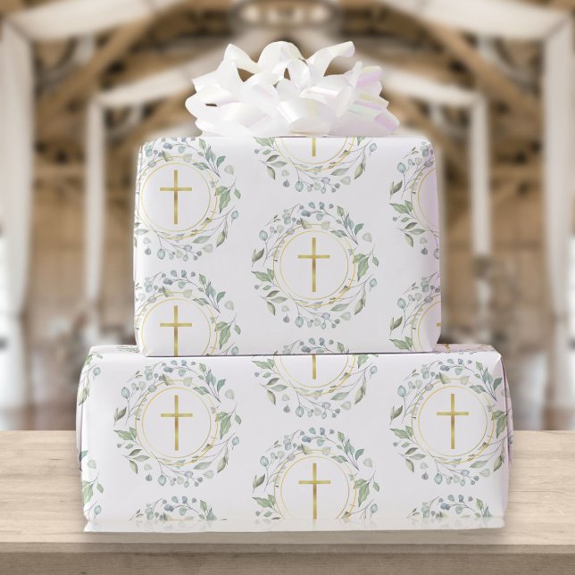 Papel De Presente Cruz Cristã Dourada Coroa de Louro (Criador carregado)
