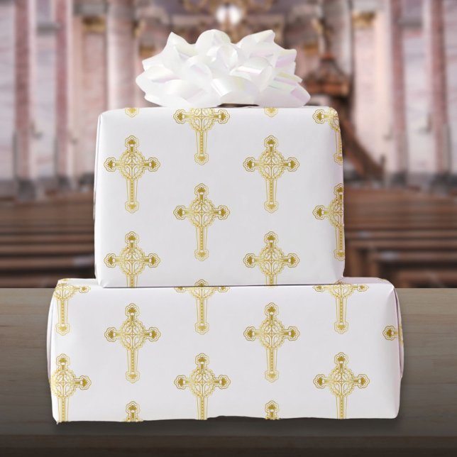 Papel De Presente Cruz Cristã Ouro Batismo Crisma Comunhão (Christian Gold Cross Baptism Christening Communion Wrapping Paper)