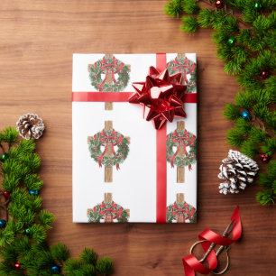 Papel De Presente Cruz de Natal Cristã de Madeira com Coroa de Azevi