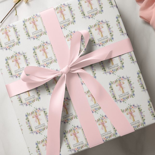 Papel De Presente Cruz Floral da 1ª Comunhão com Laço Rosa (Criador carregado)