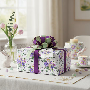 Papel De Presente Cruz floral rosa e roxa personalizada da Páscoa