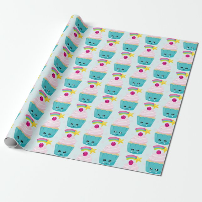 Papel De Presente Cupcake azul bonito com padrão facial Kawaii (Desenrolado)