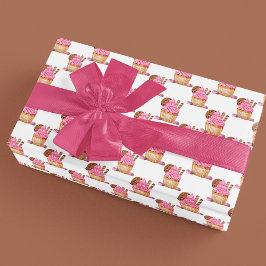 Papel De Presente Cupcake Cor De Água Rosa Com Padrão De Chocolate