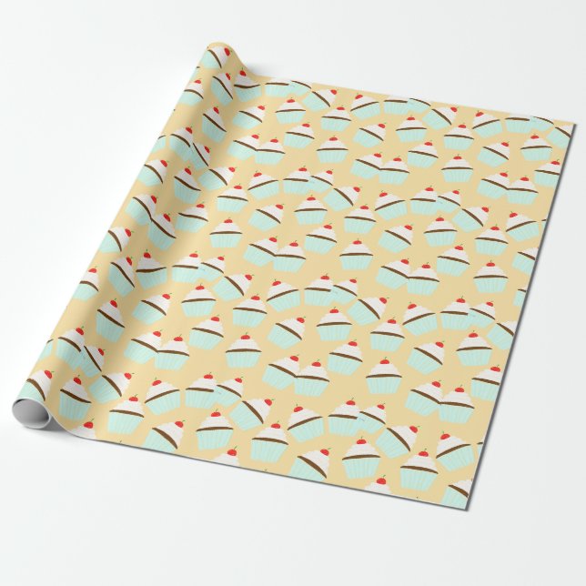 Papel De Presente Cupcake De Chocolate Com Creme E Cereja No Topo (Desenrolado)