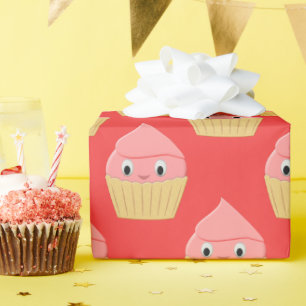 Papel De Presente Cupcake De Morango De Cartoon Gelado Em Vermelho