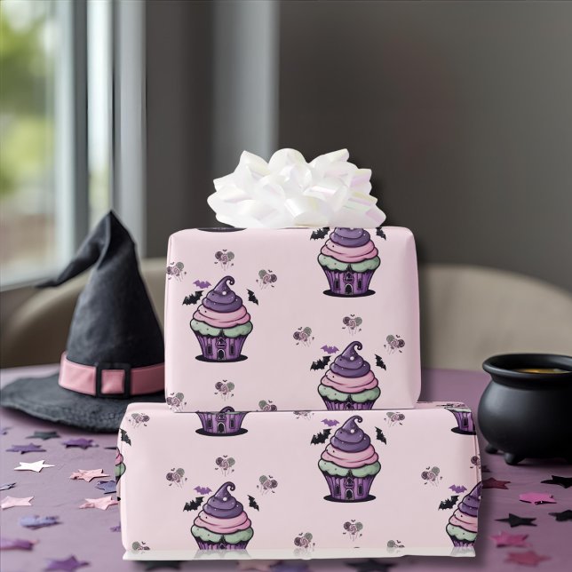 Papel De Presente Cupcake fofo e Lollipops pincéis padrão rosa (Spooky cute Cupcake & Lollipops bats pink pattern Wrapping Paper)