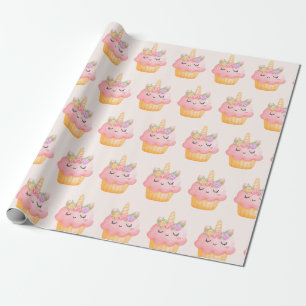 Papel De Presente Cupcake rosa-claro Unicórnio com Rosas