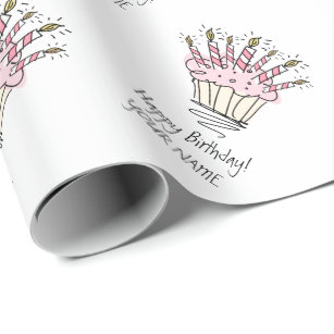 Papel De Presente Cupcake rosa personalizado com desenho de velas de