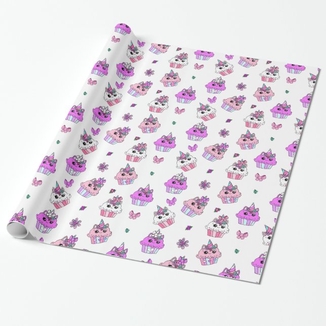 Papel De Presente Cupcakes de aniversário de menina unicórnio roxo e (Desenrolado)