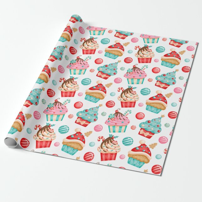 Papel De Presente Cupcakes de Natal festivos e doces de Natal (Desenrolado)
