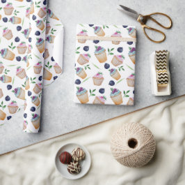 Papel De Presente Cupcakes E Padrão De Aquarela Do Fruta