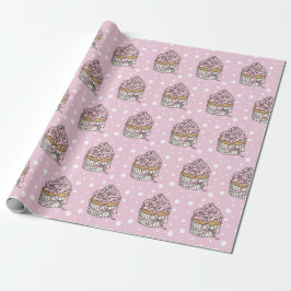 Papel De Presente Cupcakes Rosa e Prata Bolinhas