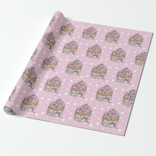 Papel De Presente Cupcakes Rosa e Prata Bolinhas