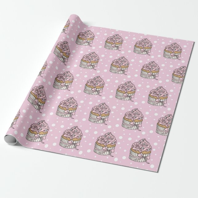 Papel De Presente Cupcakes Rosa e Prata com Bolinhas (Desenrolado)