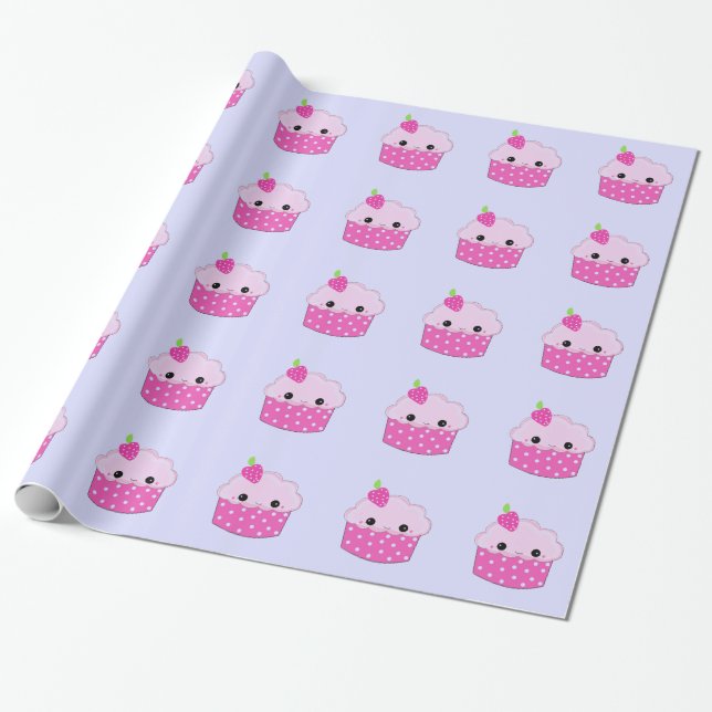 Papel De Presente Cupcakes sorridentes de bolinhas (Desenrolado)